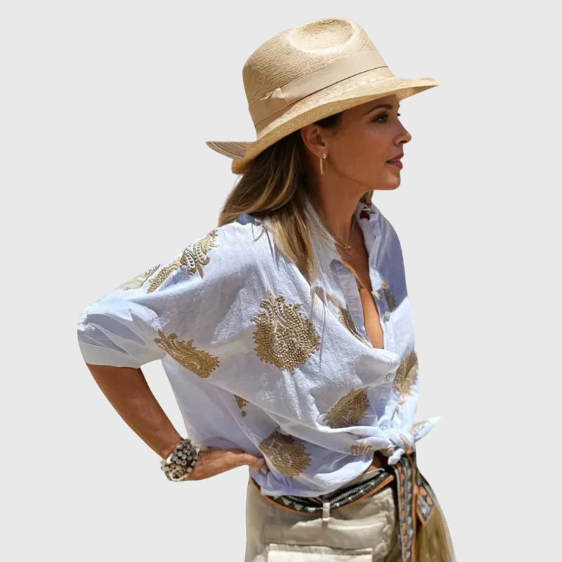 Women's Blouse Long Sleeve with Button Front and Printed Design - White