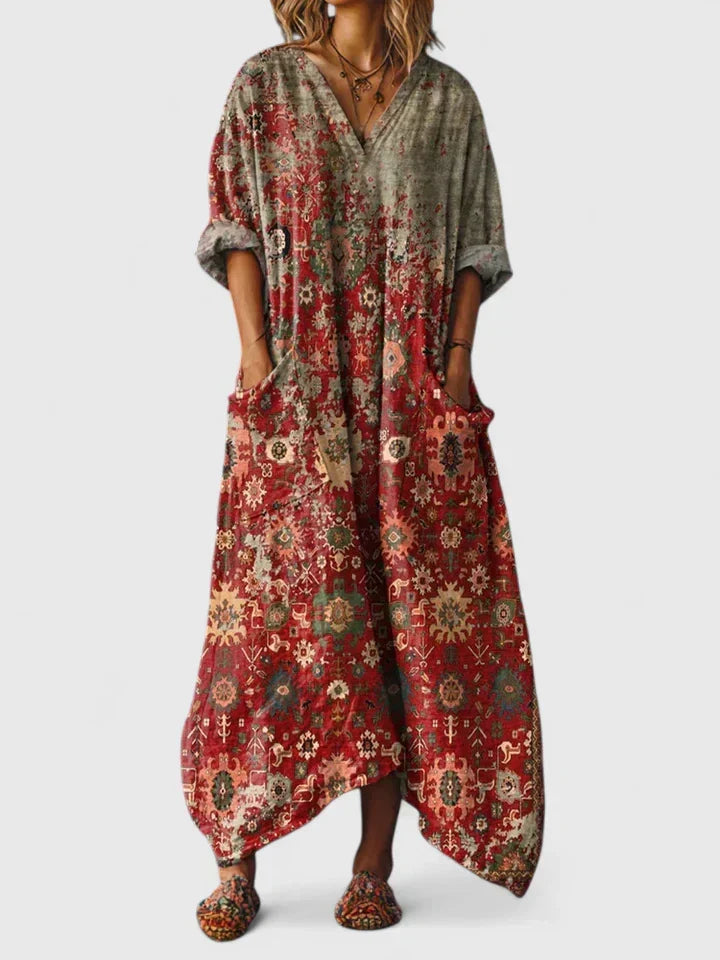Women's Maxi Dress Relaxed Boho Fit with V-Neck and Deep Pockets - Red Carpet