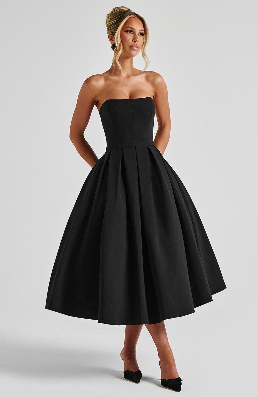 Women's Strapless Midi Dress with Full Pleated Skirt - 5