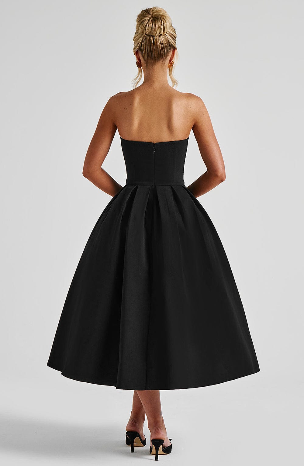Women's Strapless Midi Dress with Full Pleated Skirt - 3