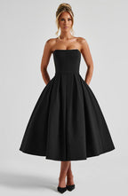 Women's Strapless Midi Dress with Full Pleated Skirt - 6