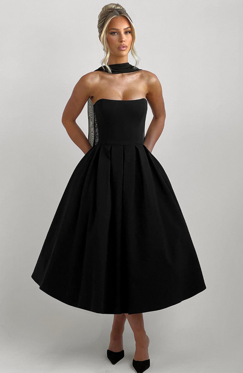 Women's Strapless Midi Dress with Full Pleated Skirt - 8