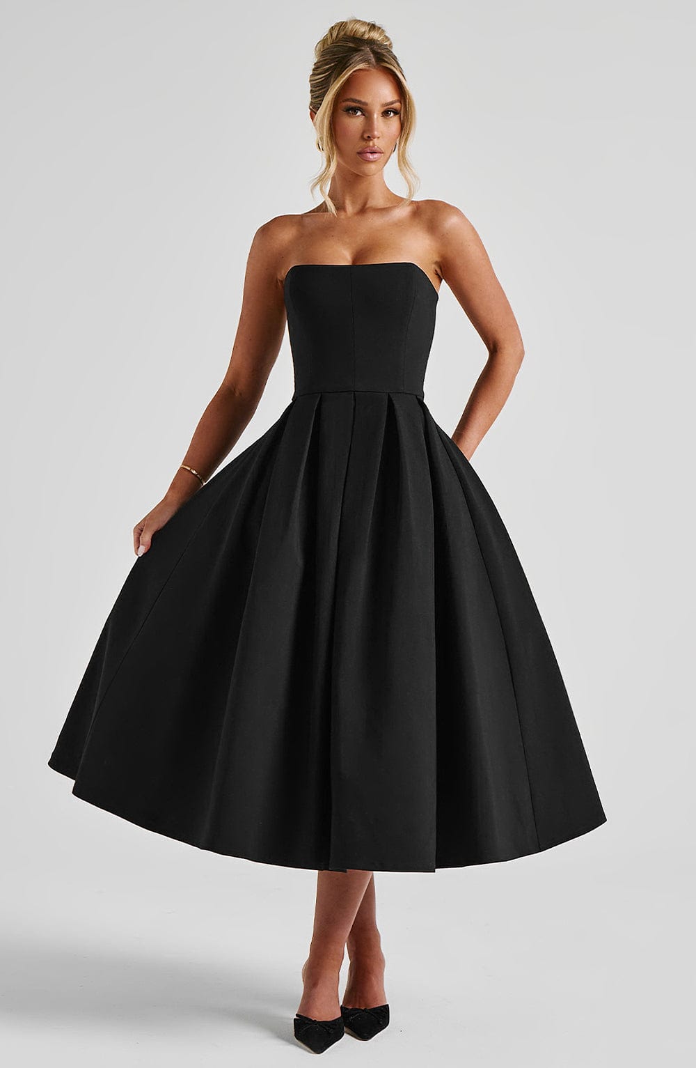 Women's Strapless Midi Dress with Full Pleated Skirt - 2