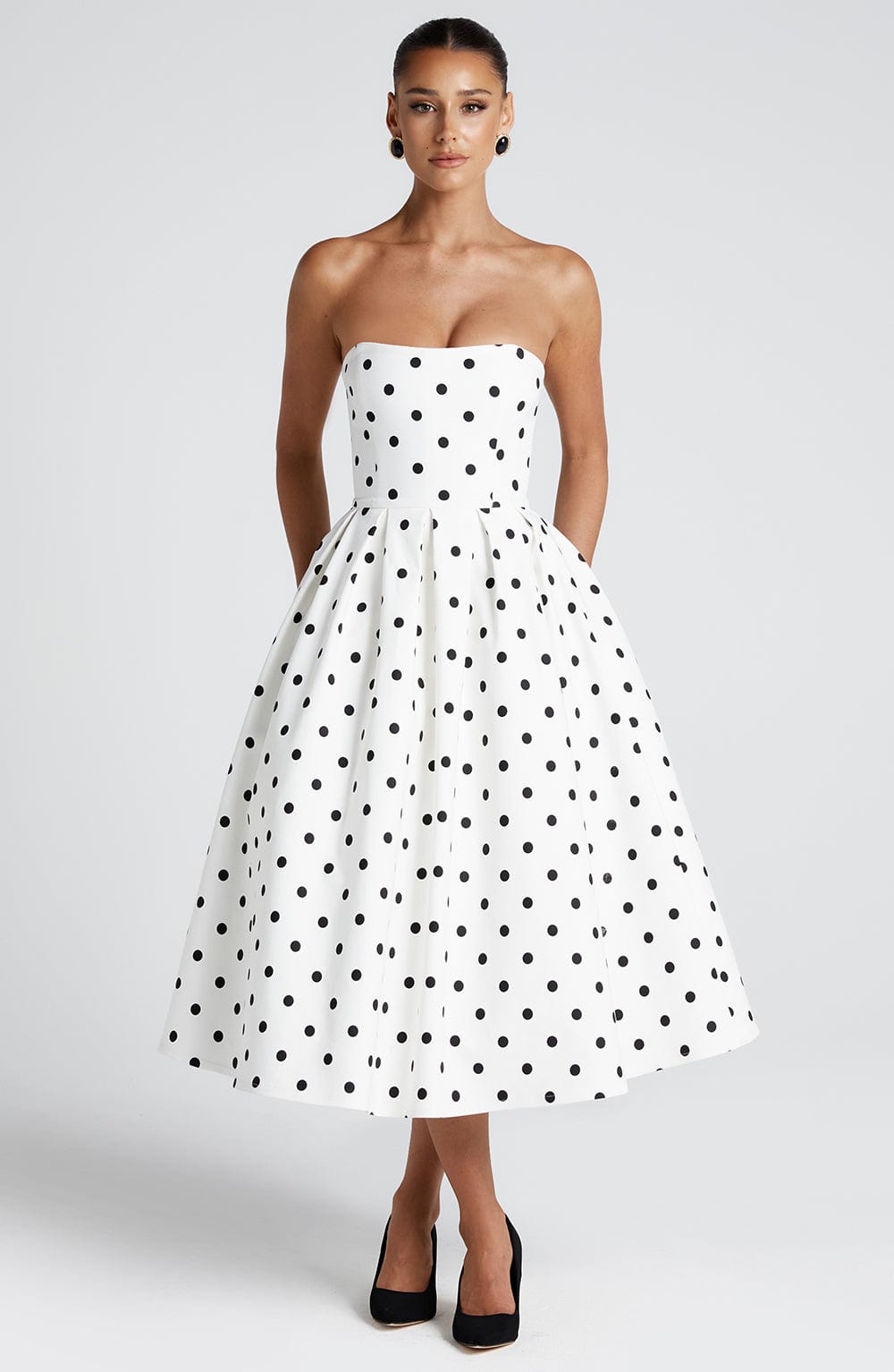 Women's Polka Dot Midi Dress Strapless with Full Pleated Skirt - 2