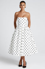 Women's Polka Dot Midi Dress Strapless with Full Pleated Skirt - 2