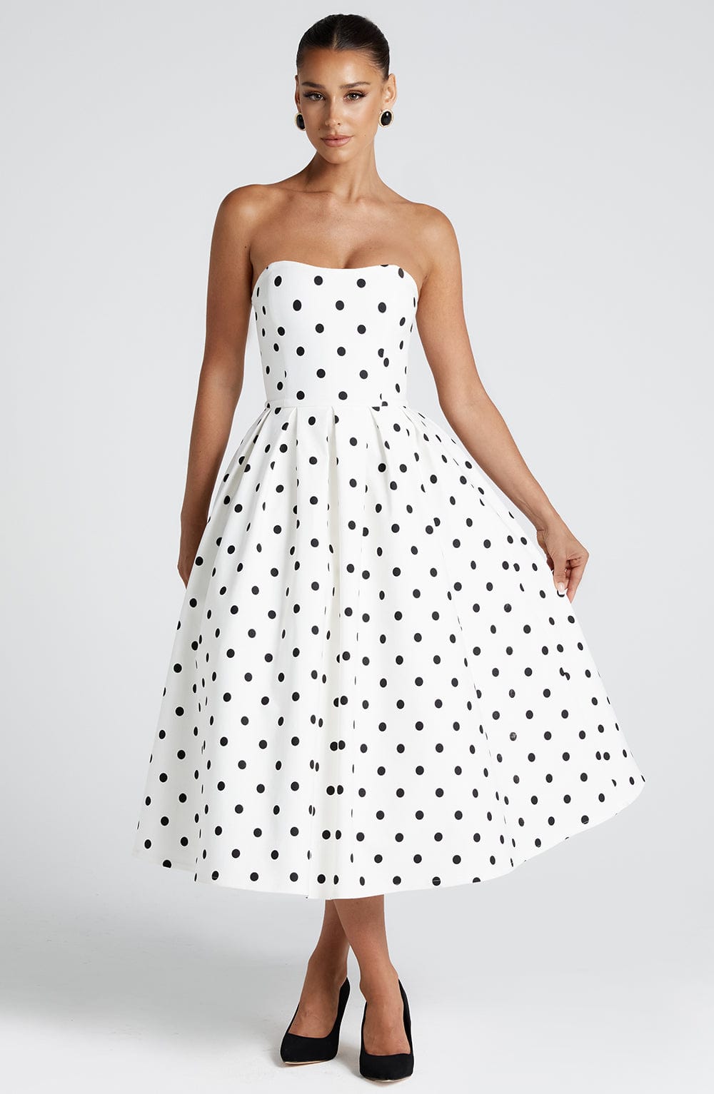Women's Polka Dot Midi Dress Strapless with Full Pleated Skirt - 8