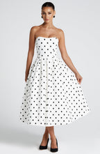 Women's Polka Dot Midi Dress Strapless with Full Pleated Skirt - 8