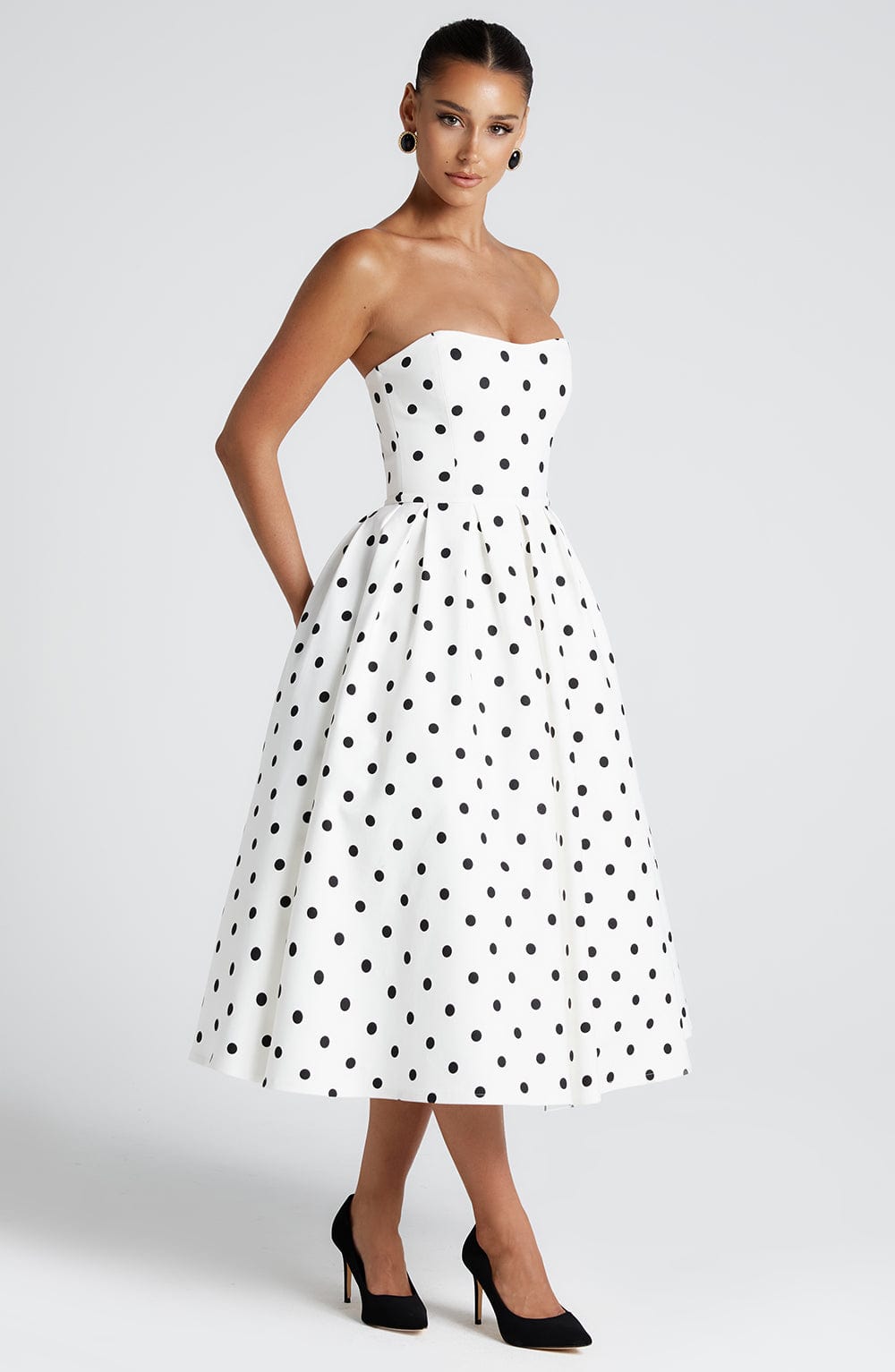 Women's Polka Dot Midi Dress Strapless with Full Pleated Skirt - 3
