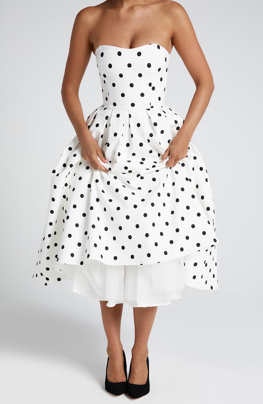 Women's Polka Dot Midi Dress Strapless with Full Pleated Skirt - 6