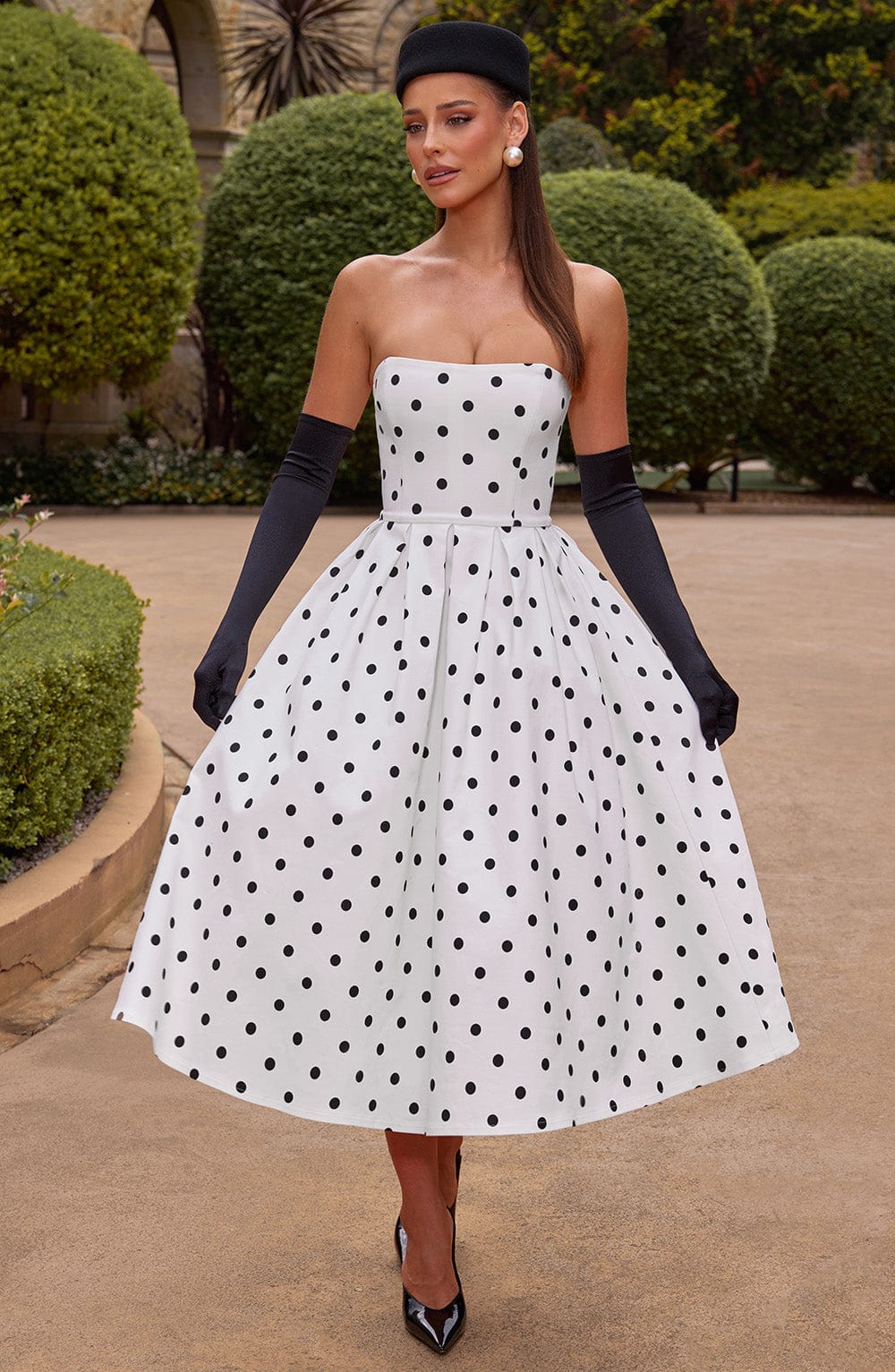Women's Polka Dot Midi Dress Strapless with Full Pleated Skirt - 5