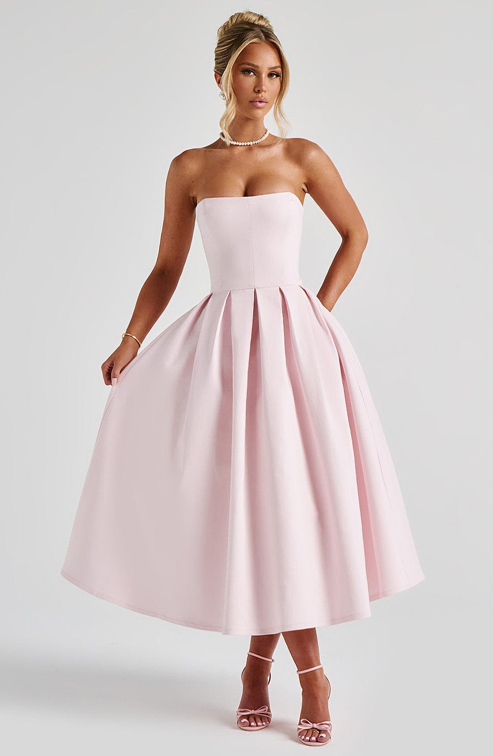 Women's Strapless Midi Dress with Pleated A-Line Skirt - 6