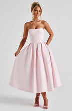 Women's Strapless Midi Dress with Pleated A-Line Skirt - 6