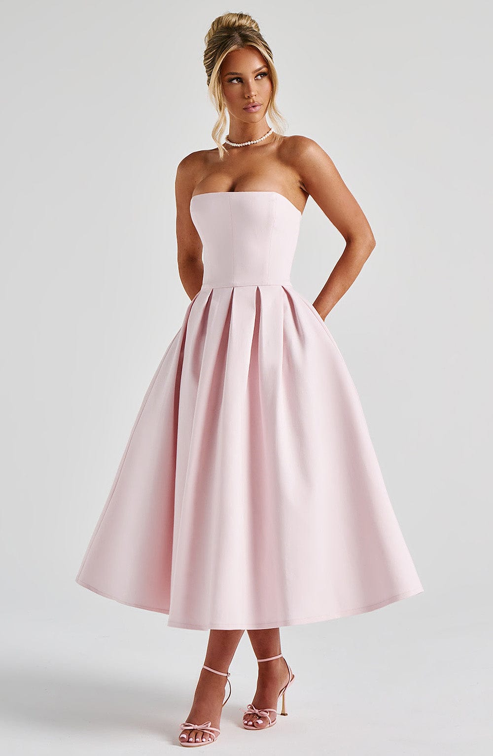 Women's Strapless Midi Dress with Pleated A-Line Skirt - 8