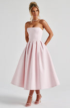 Women's Strapless Midi Dress with Pleated A-Line Skirt - 8