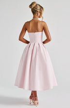 Women's Strapless Midi Dress with Pleated A-Line Skirt - 3