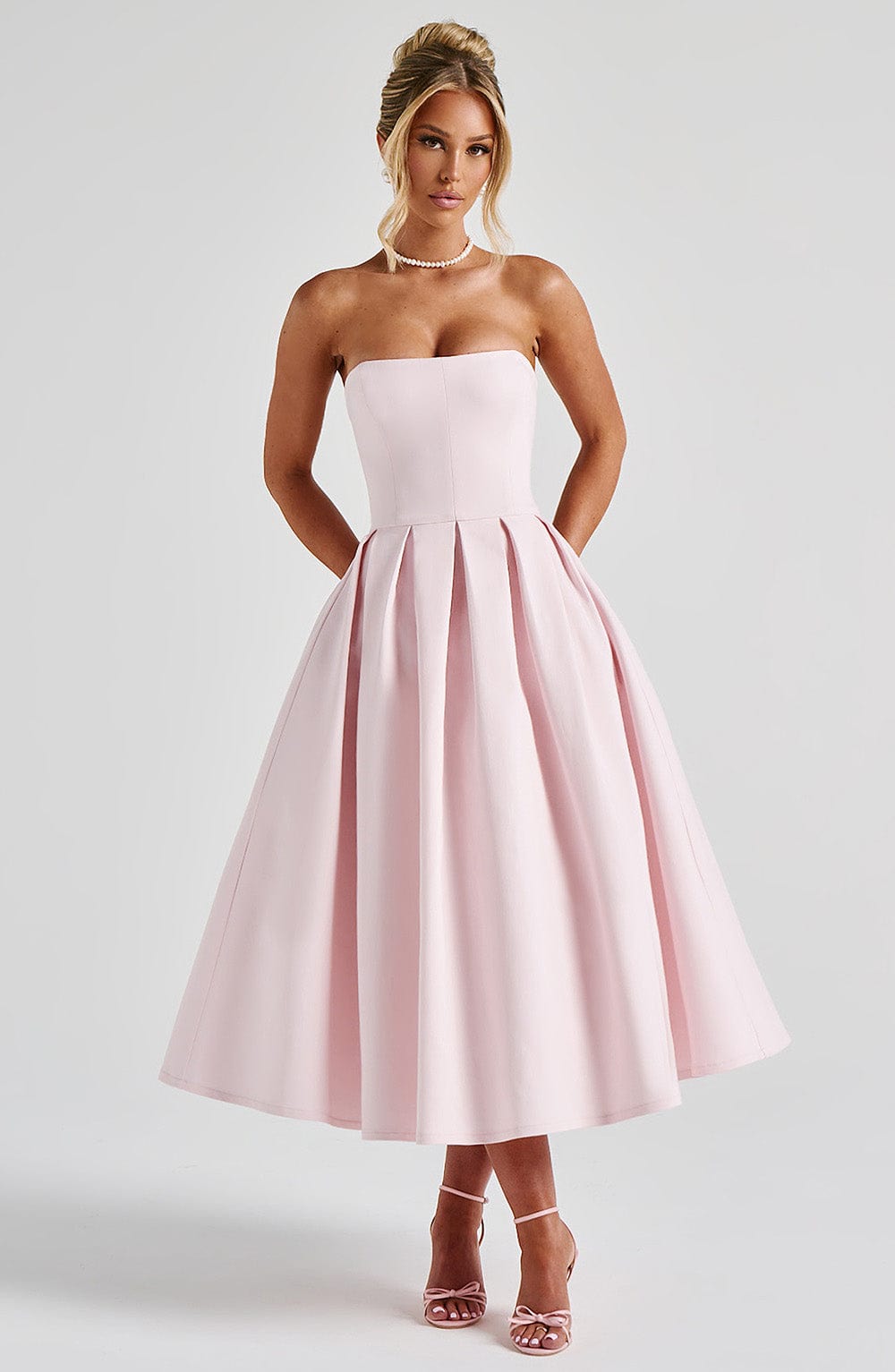 Women's Strapless Midi Dress with Pleated A-Line Skirt - 2