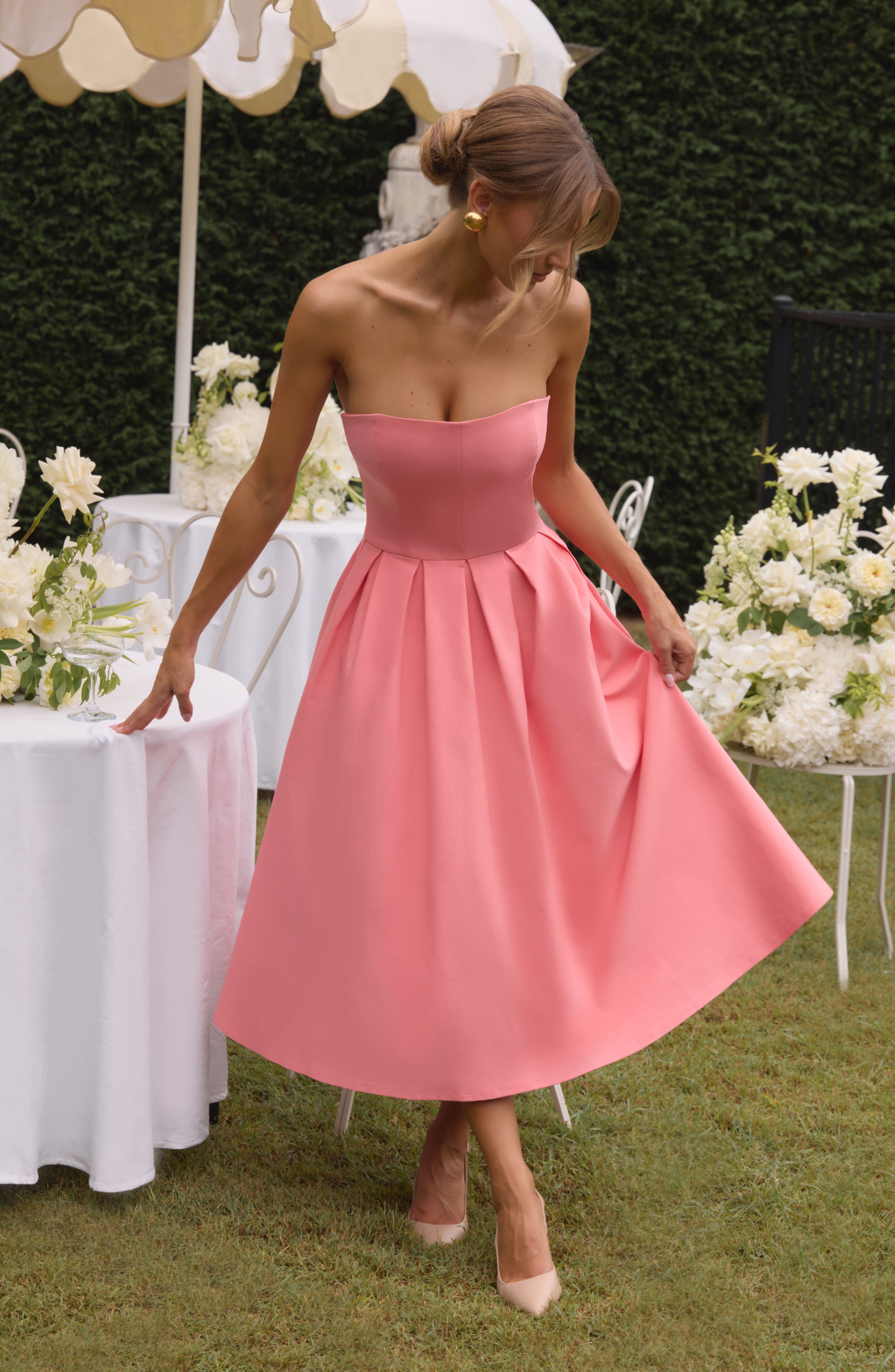 Women's Strapless Midi Dress with Pleated A-Line Skirt - 4