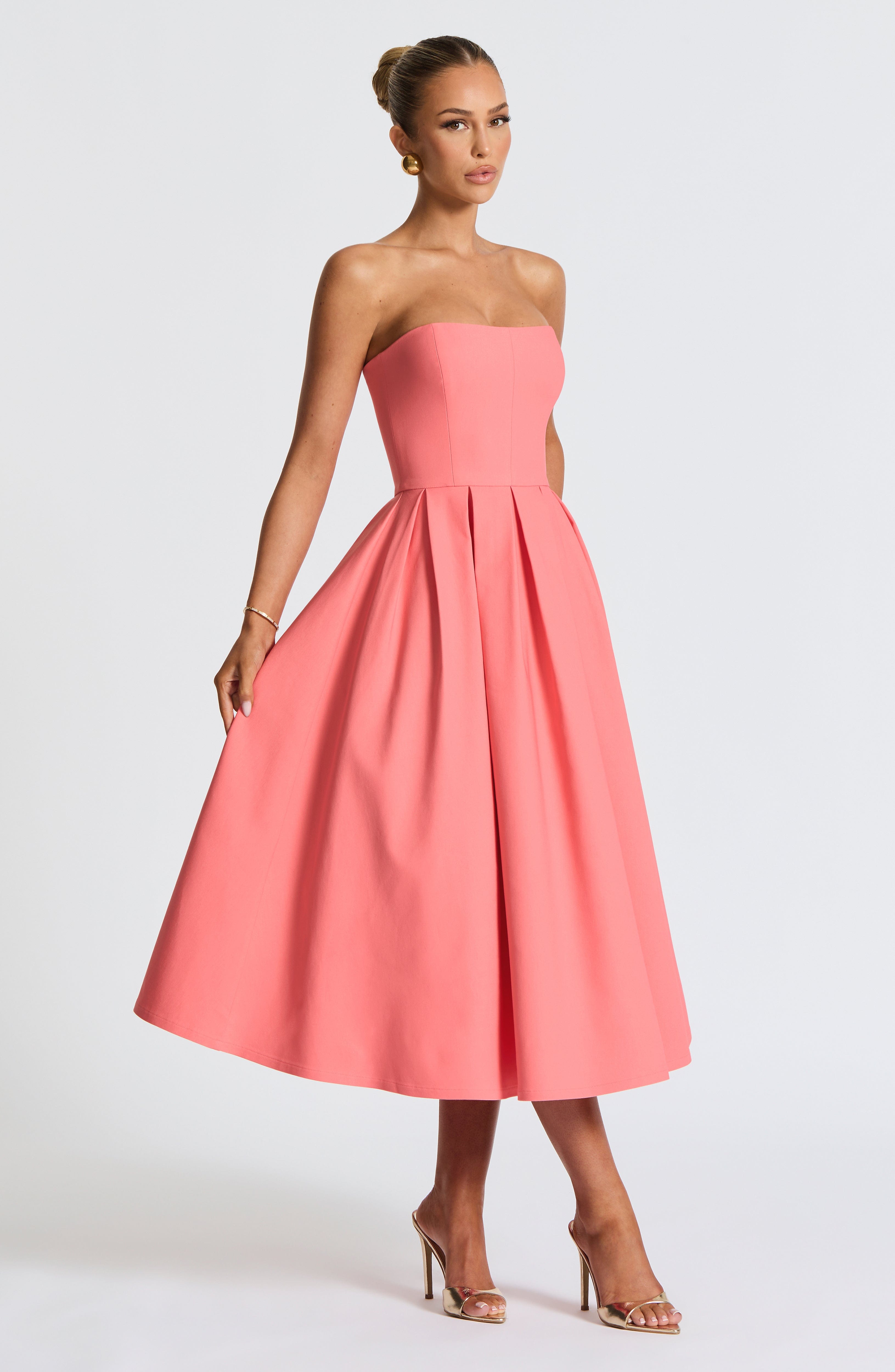 Women's Strapless Midi Dress with Pleated A-Line Skirt - 5