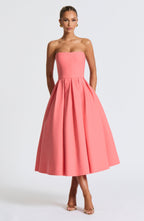 Women's Strapless Midi Dress with Pleated A-Line Skirt - 8