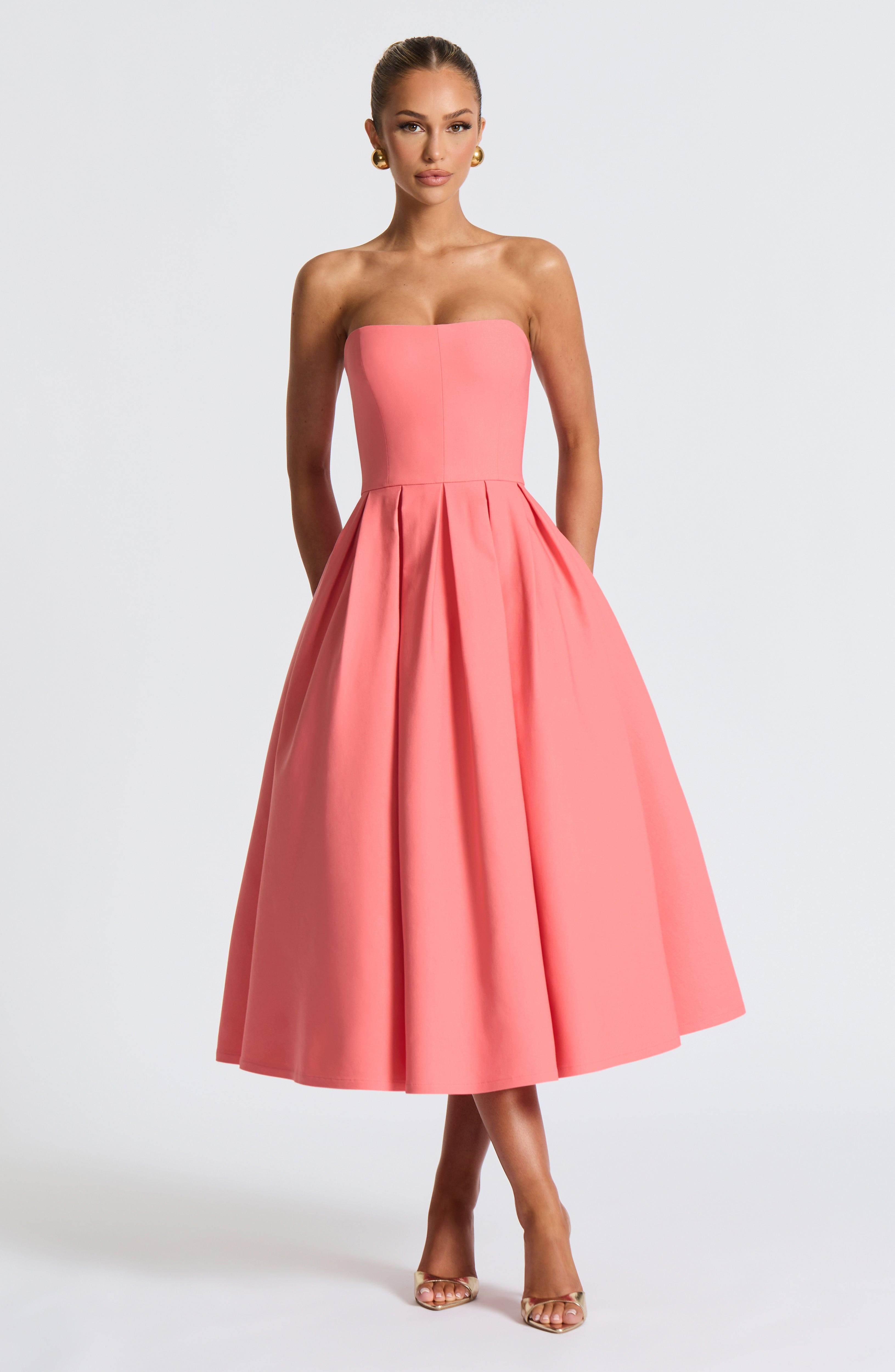 Women's Strapless Midi Dress with Pleated A-Line Skirt - 8