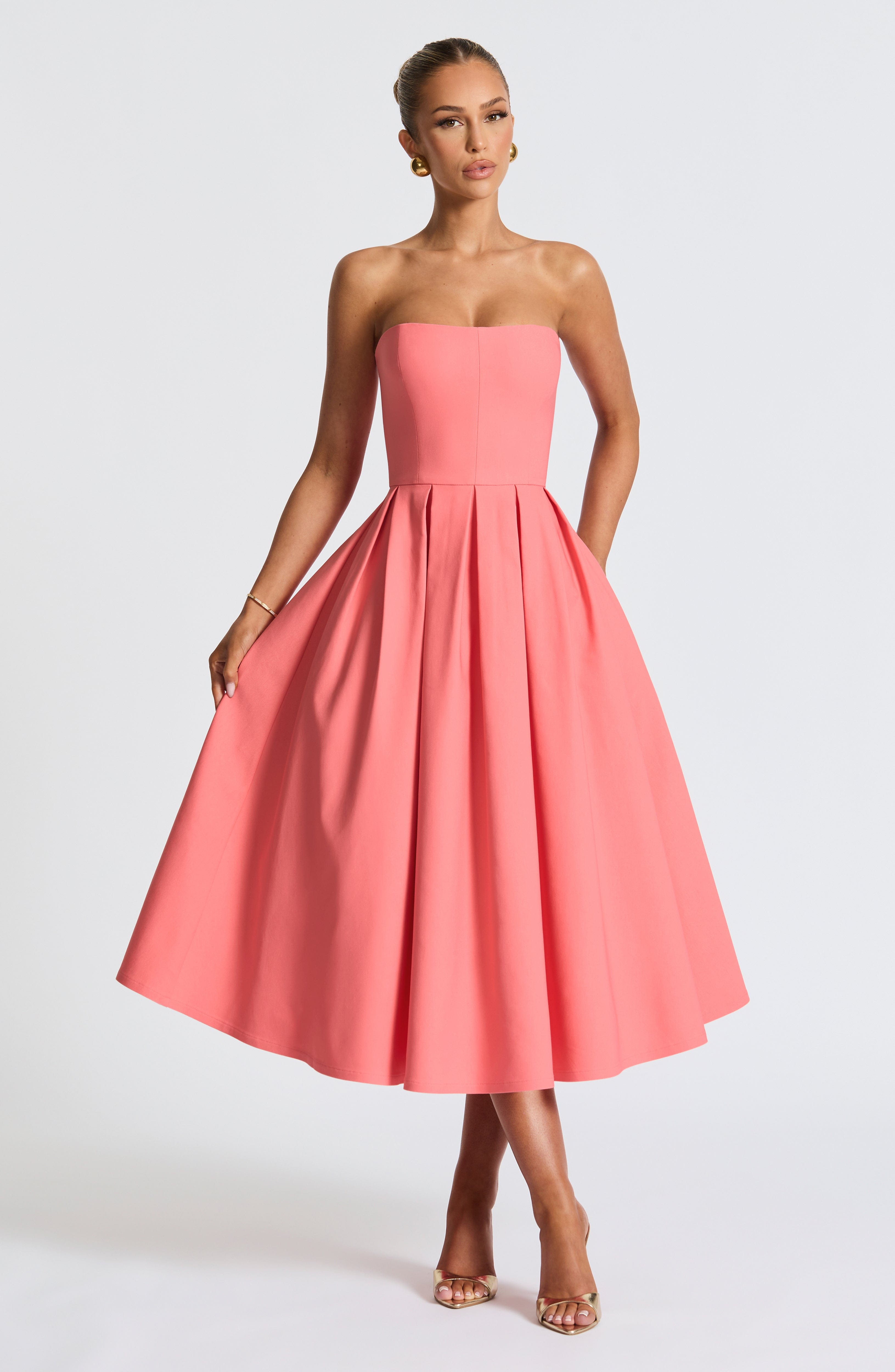 Women's Strapless Midi Dress with Pleated A-Line Skirt - 2