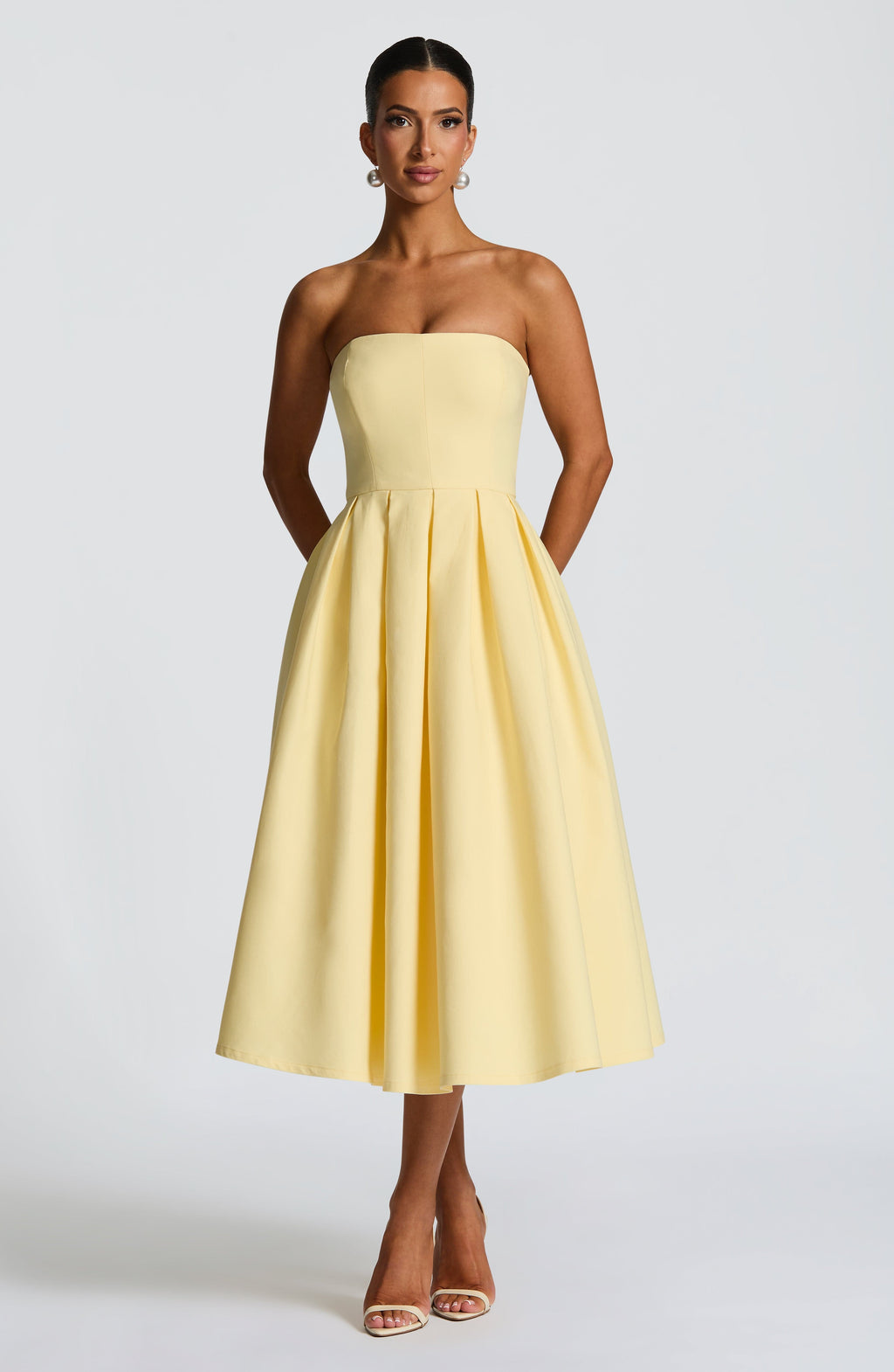 Women's Strapless Midi Dress with Pleated A-Line Skirt - 6