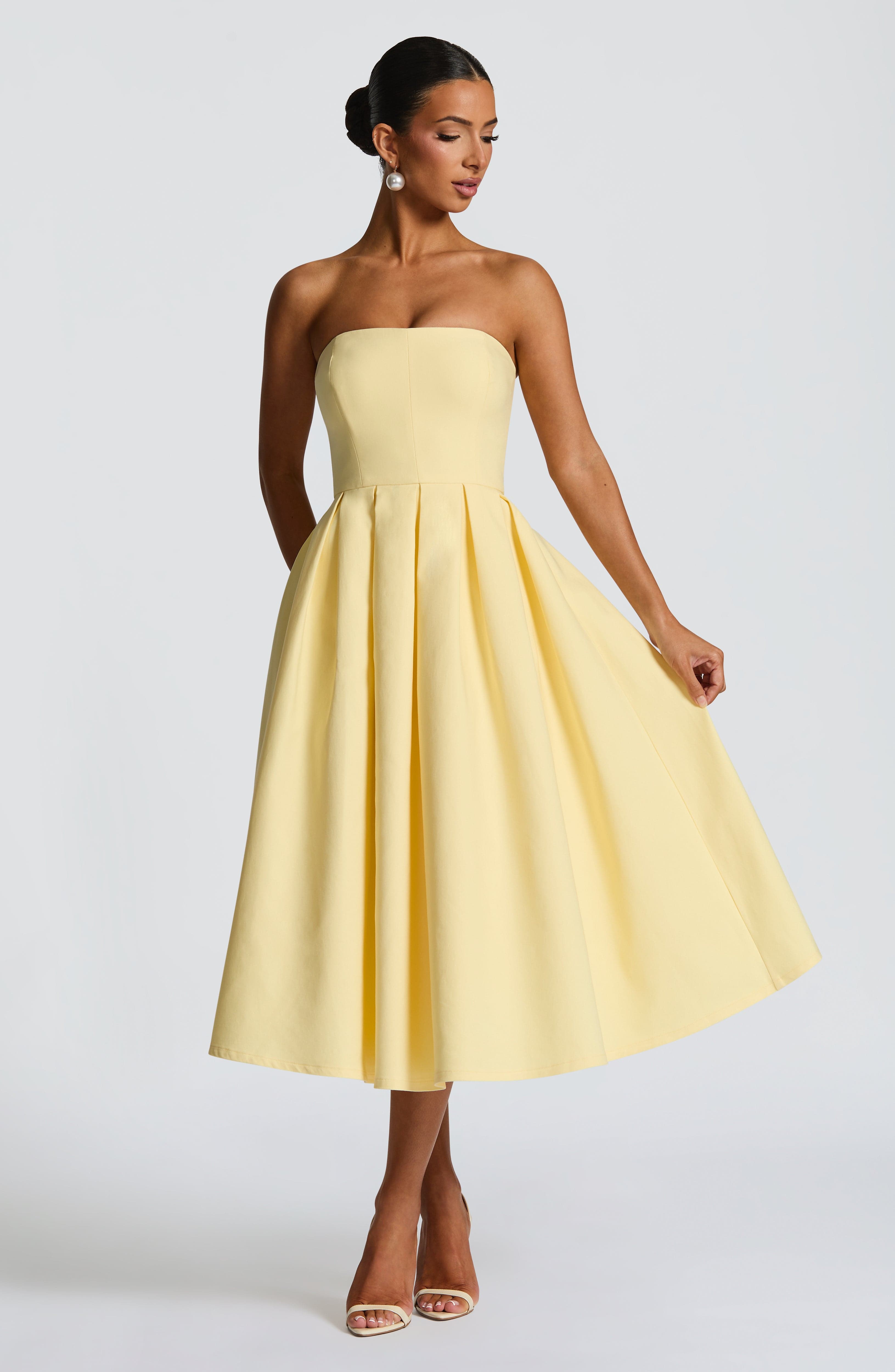 Women's Strapless Midi Dress with Pleated A-Line Skirt - 2