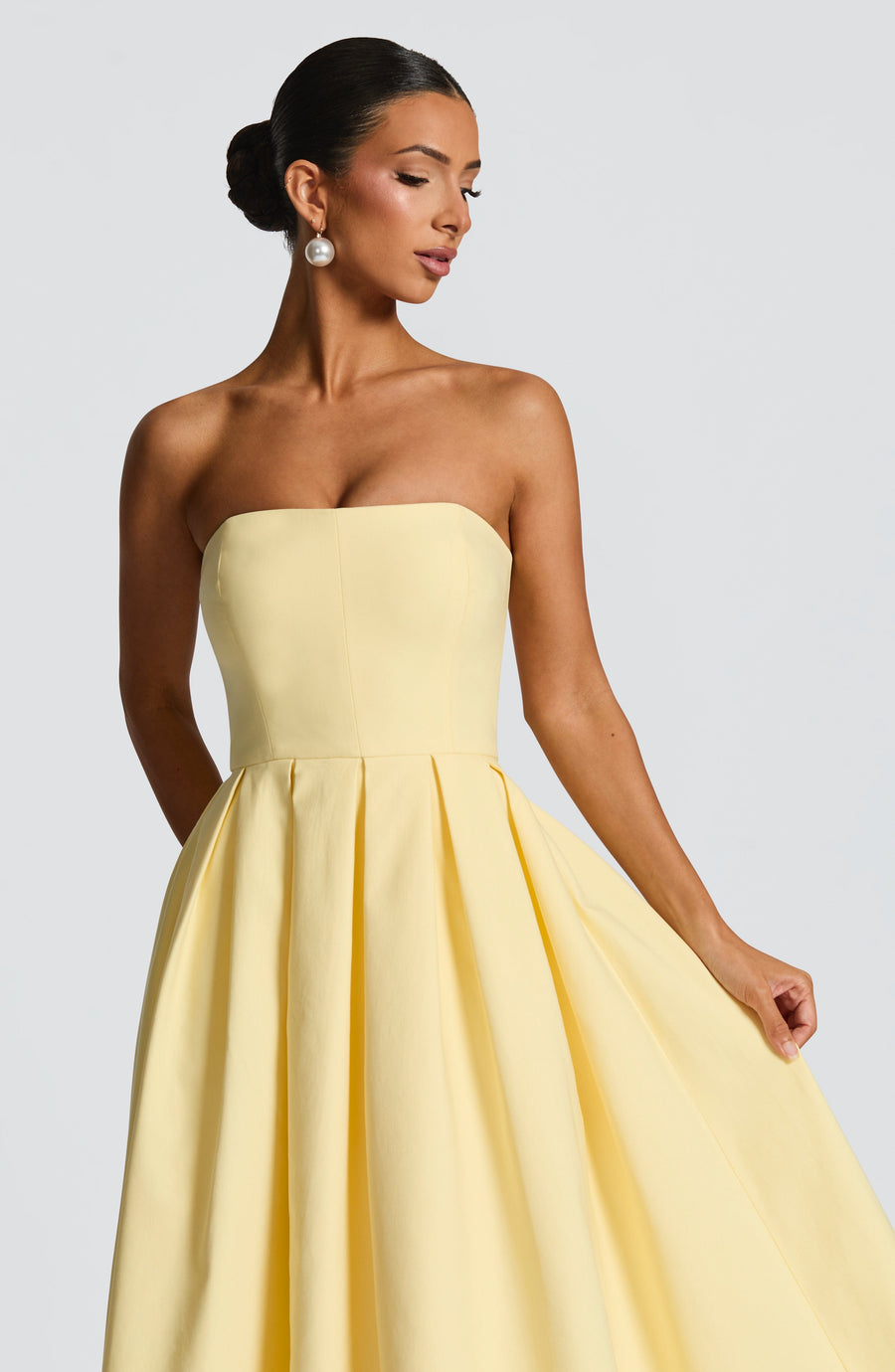 Women's Strapless Midi Dress with Pleated A-Line Skirt