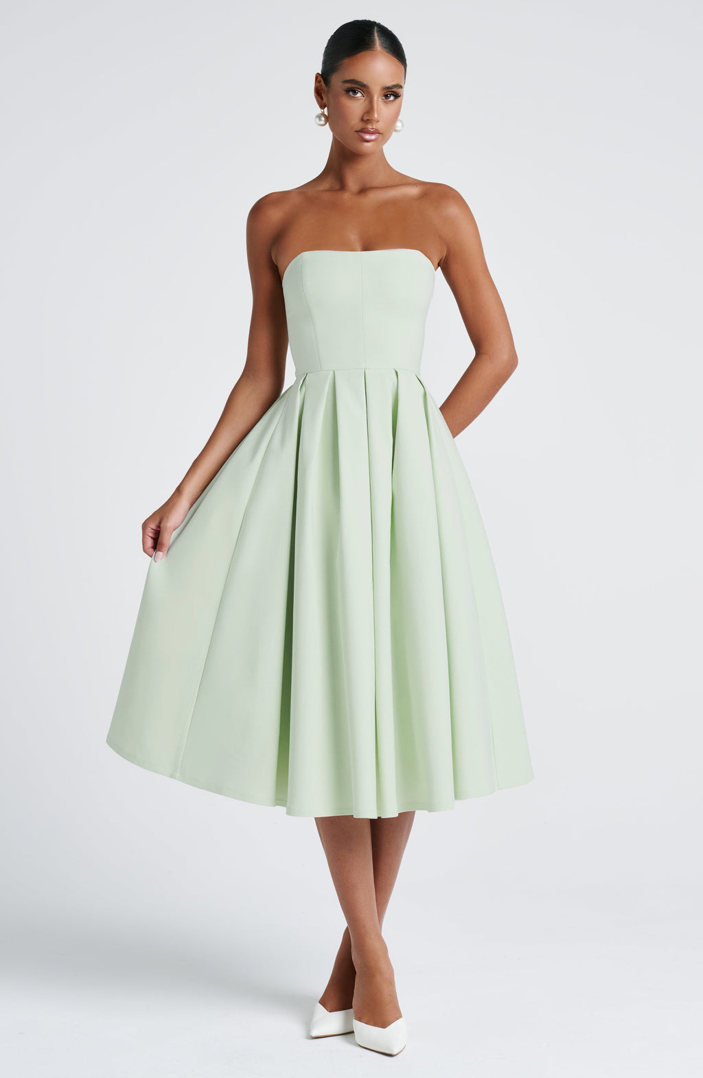 Women's Strapless Midi Dress with Full Pleated Skirt - 8