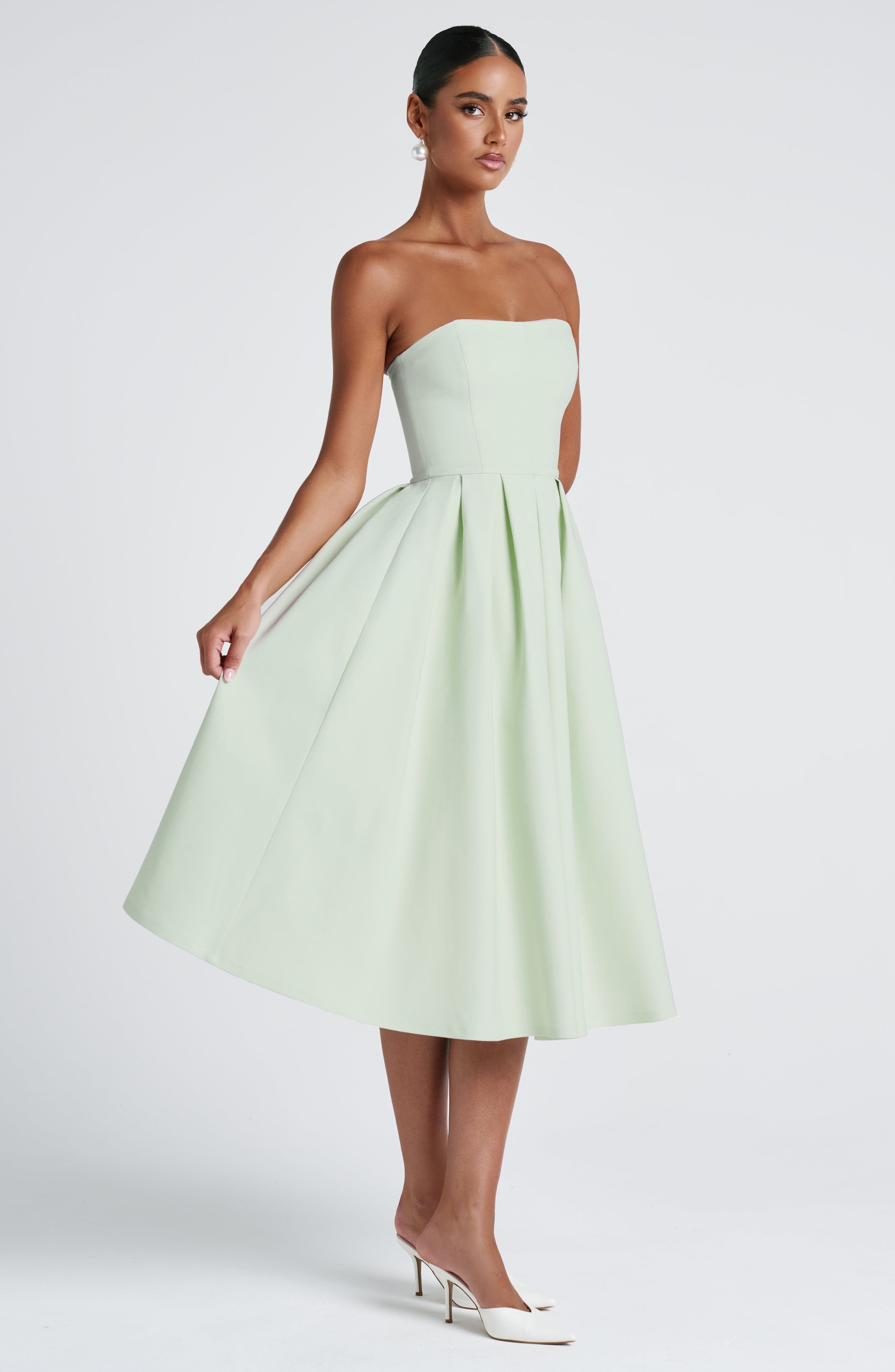 Women's Strapless Midi Dress with Full Pleated Skirt - 2