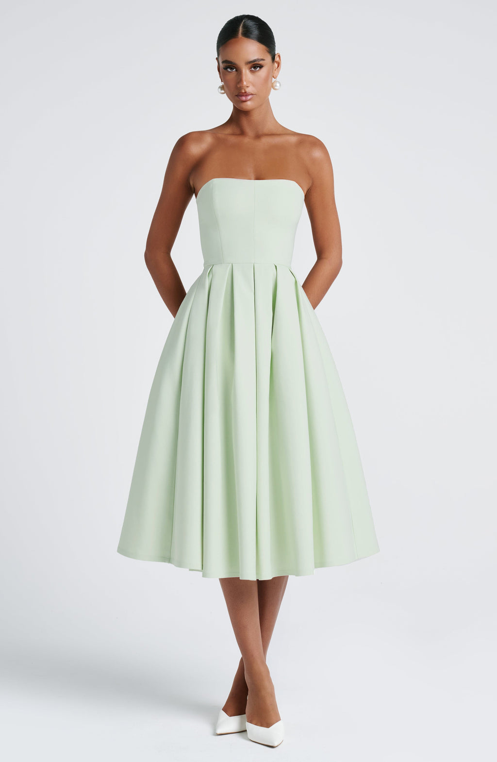 Women's Strapless Midi Dress with Full Pleated Skirt - 9