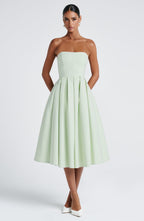Women's Strapless Midi Dress with Full Pleated Skirt - 9