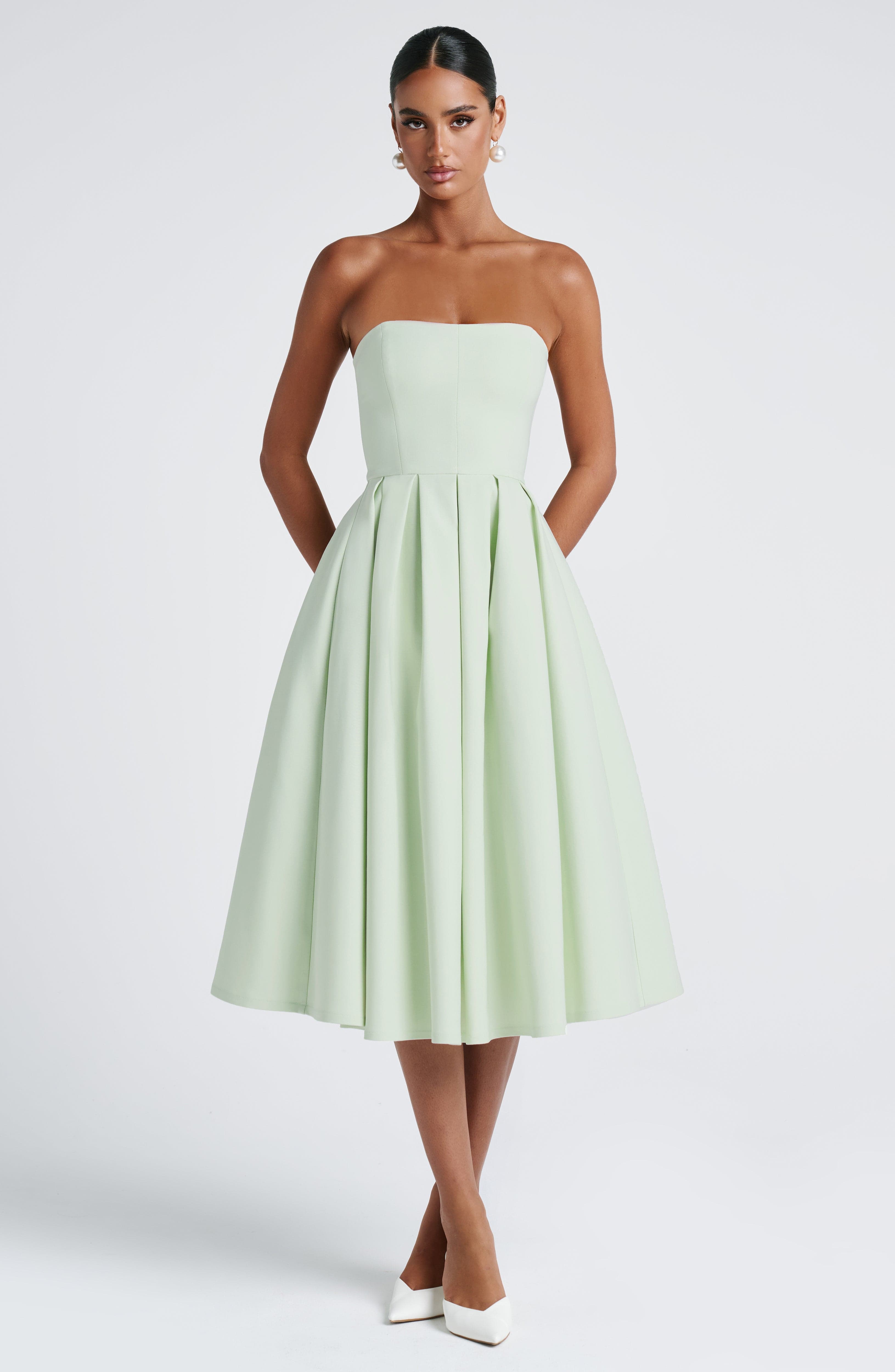 Women's Strapless Midi Dress with Full Pleated Skirt - 9