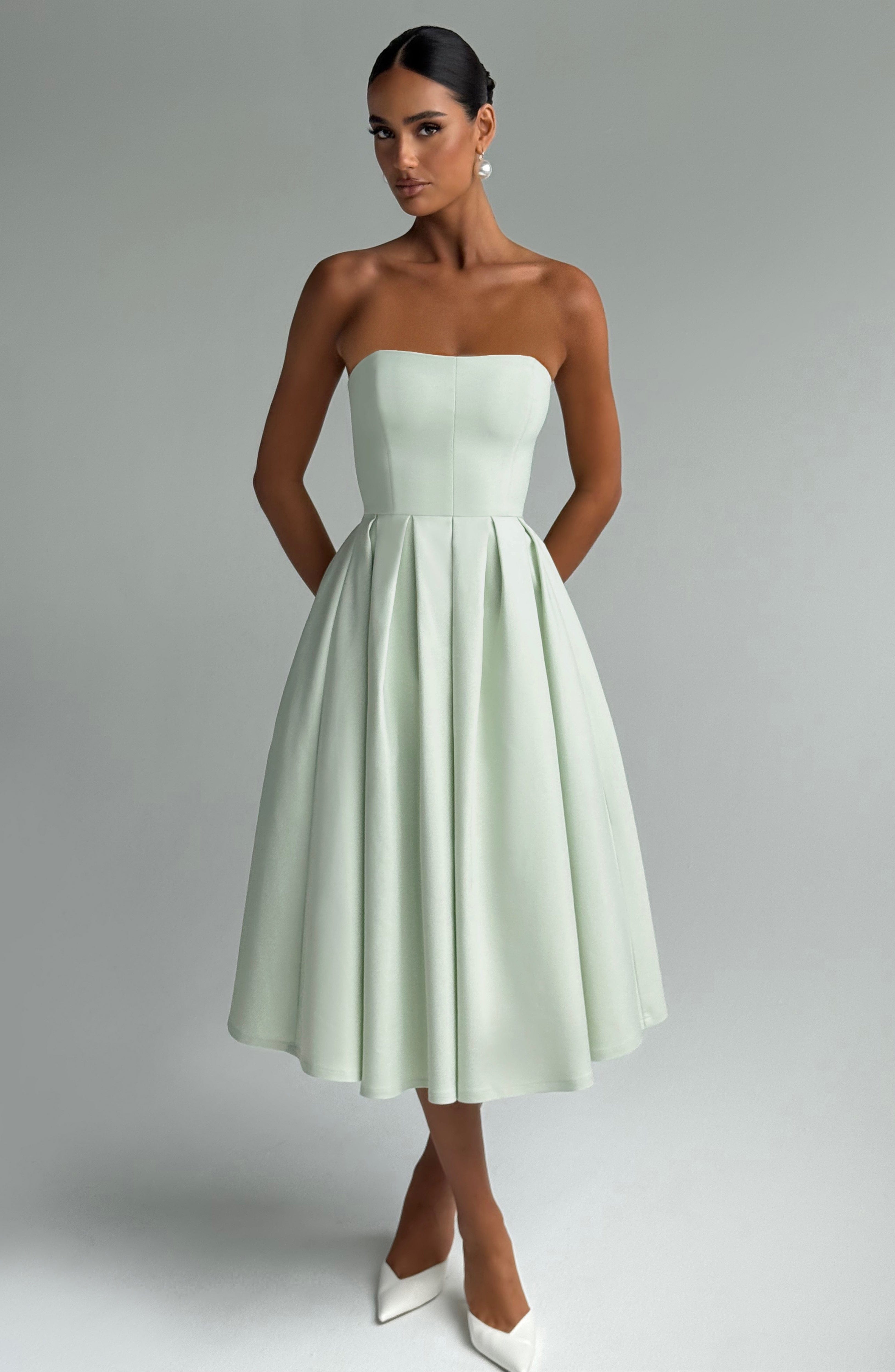 Women's Strapless Midi Dress with Full Pleated Skirt - 4