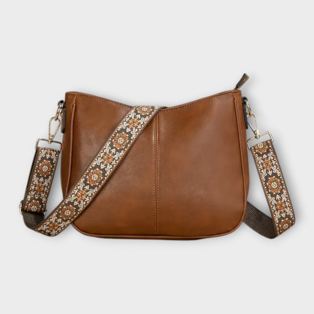Women's Crossbody Bag with Embroidered Strap - Brown
