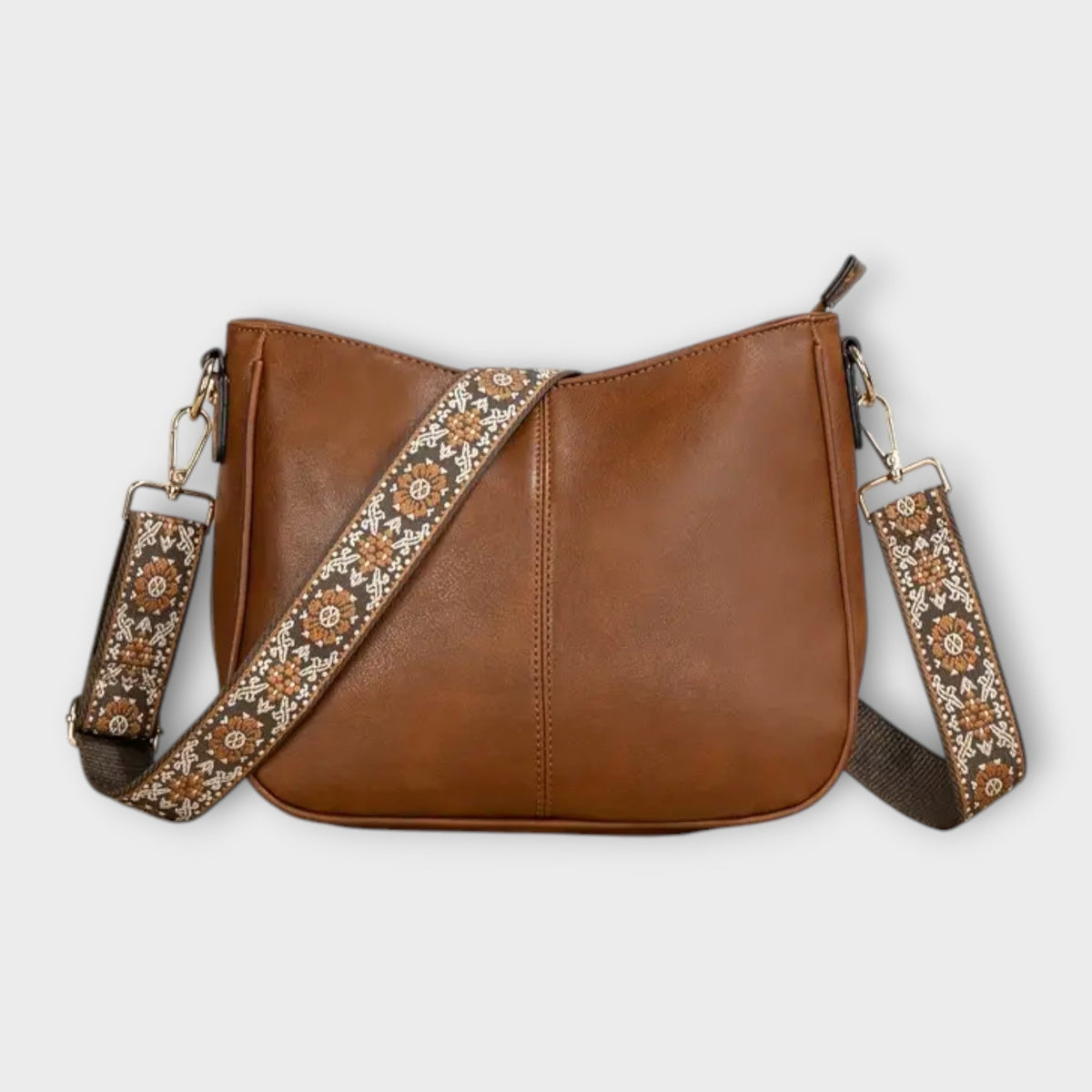 Women's Crossbody Bag with Embroidered Strap - Brown