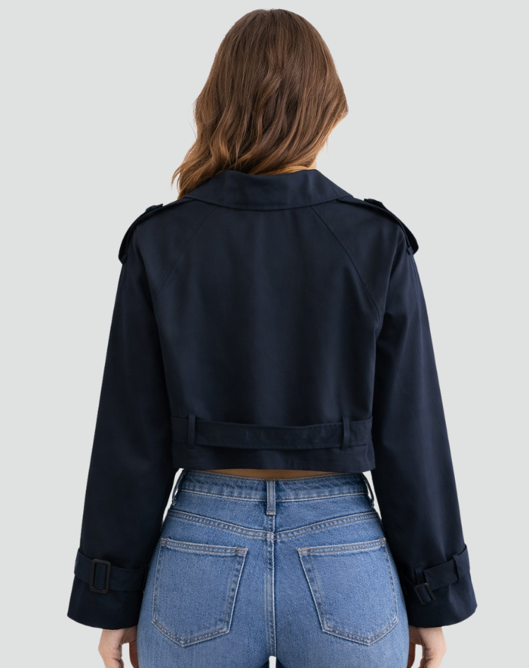 Women's Cropped Trench Coat with Belted Waist and Double-Breasted Front - 7