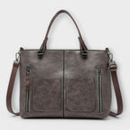Women's Structured Tote Handbag with Front Pockets - Grey
