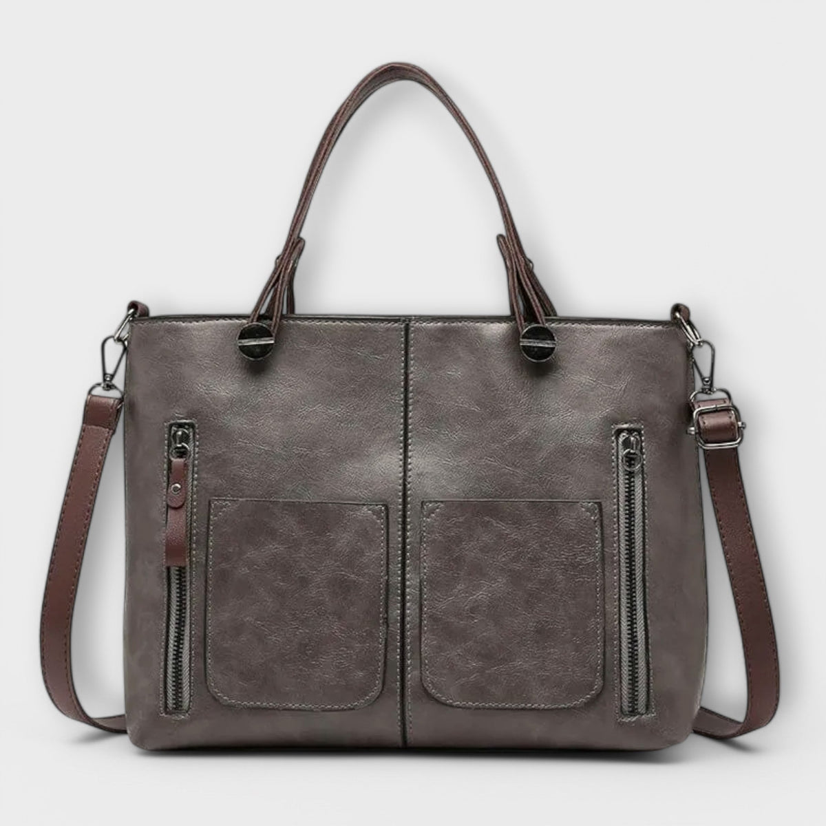 Women's Structured Tote Handbag with Front Pockets - Grey