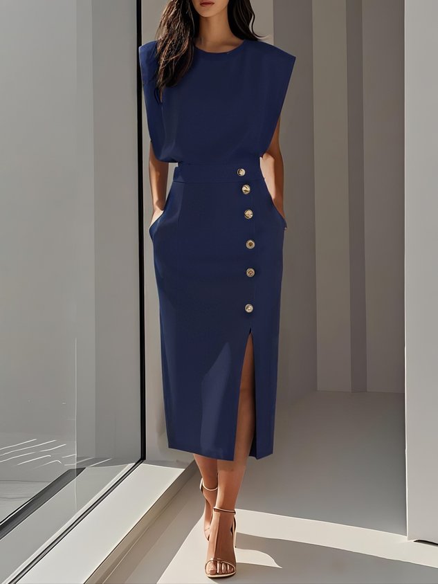 Women's Bodycon Midi Dress Sleeveless with Button Detail and Side Slit - Blue