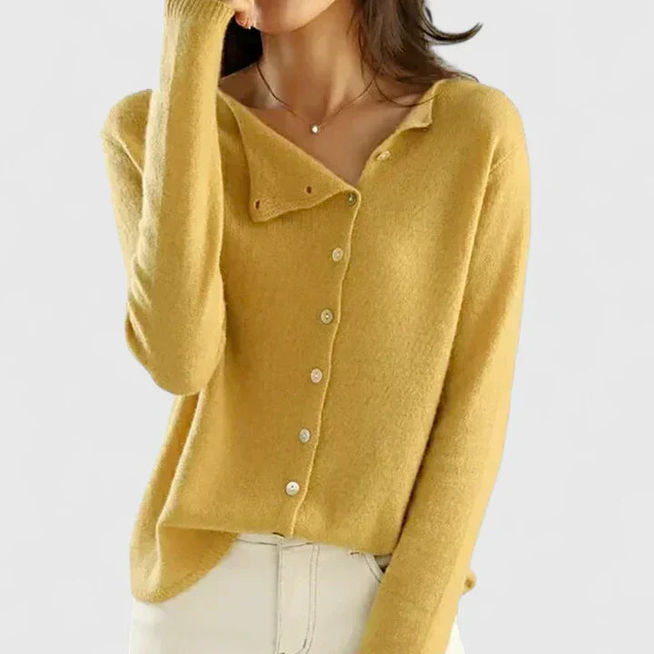 Women's Cardigan Long Sleeve with Button-Down Front and Collar - Yellow