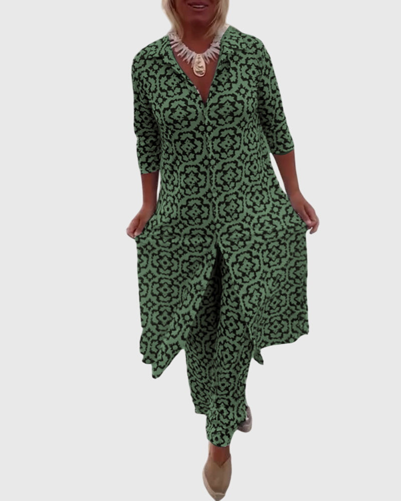 Women's Two-Piece Set Printed Longline Shirt with Wide-Leg Trousers - Green