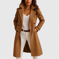 Women's Tailored Coat with Classic Lapels and Button Fastening - Camel