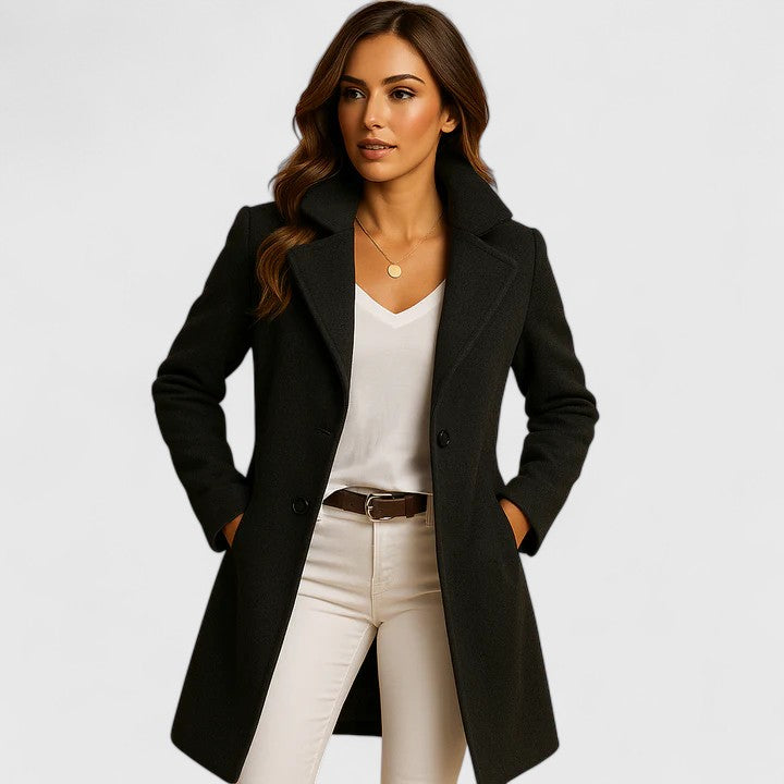 Women's Tailored Coat with Classic Lapels and Button Fastening - Black