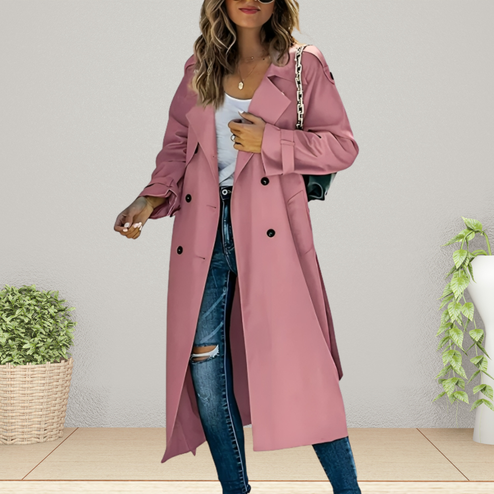 Women's Double-Breasted Trench Coat with Lapel Collar and Regular Fit - Pink