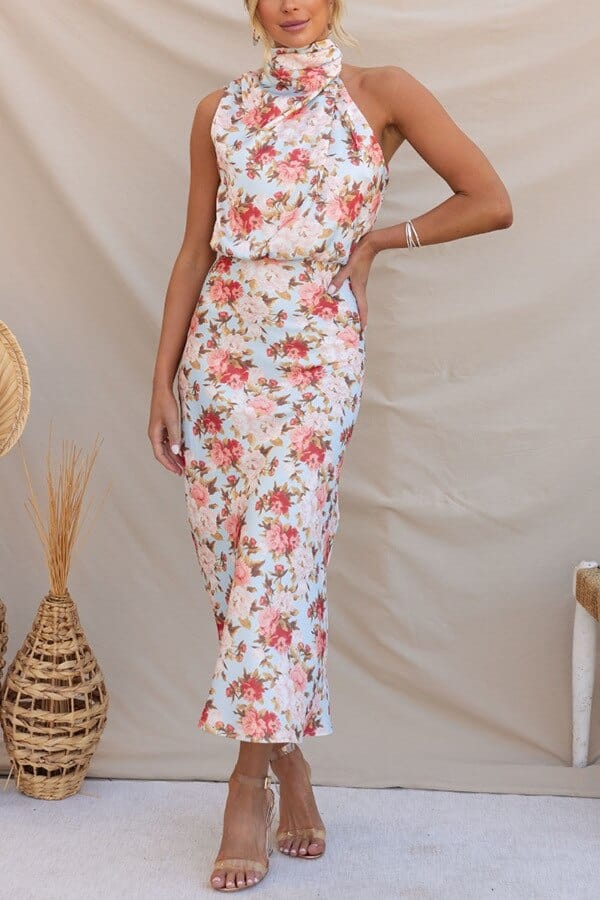 Women's Floral Maxi Dress Sleeveless with High Neck and A-Line Silhouette - 2