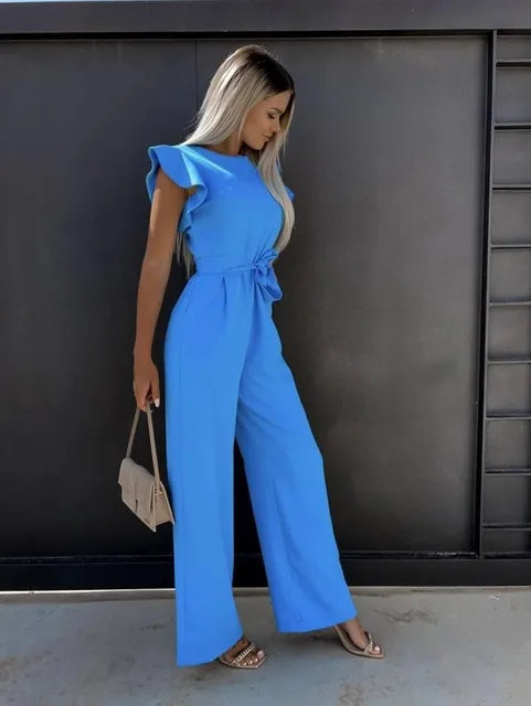 Women's Jumpsuit with Ruffle Sleeves and Waist Belt - Baby Blue