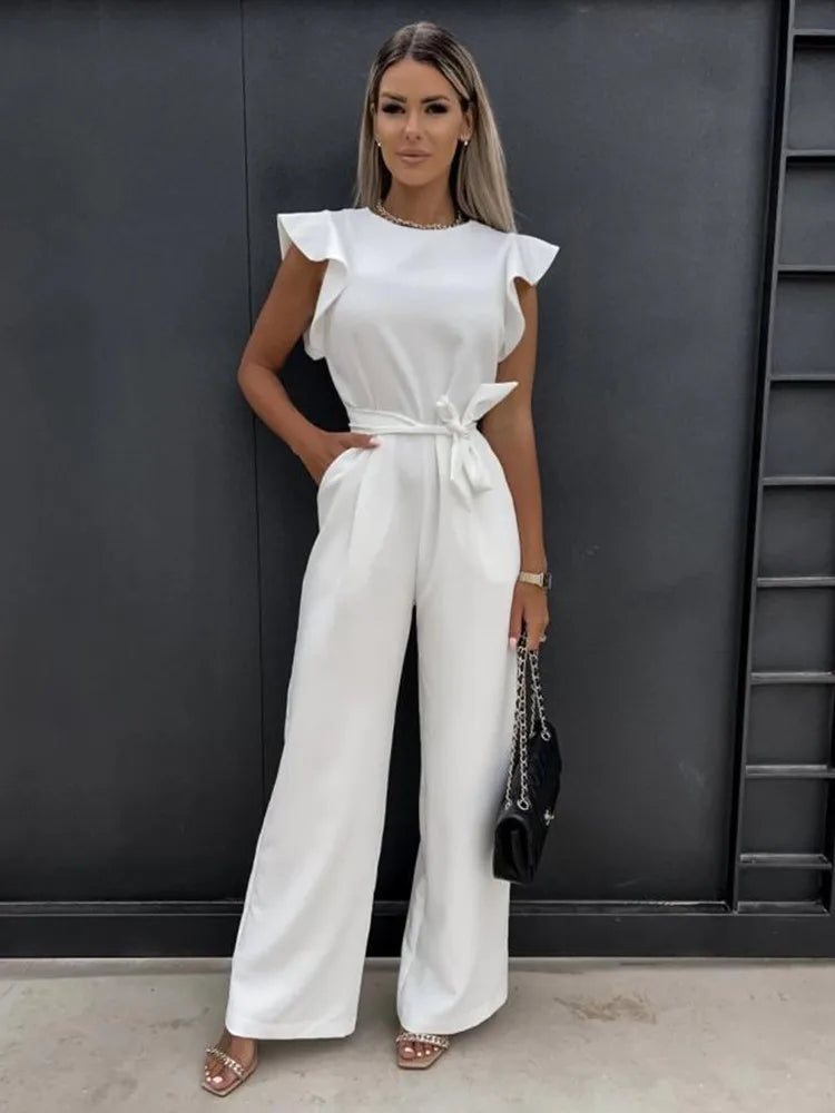 Women's Jumpsuit with Ruffle Sleeves and Waist Belt
