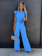 Women's Jumpsuit with Ruffle Sleeves and Waist Belt - 7