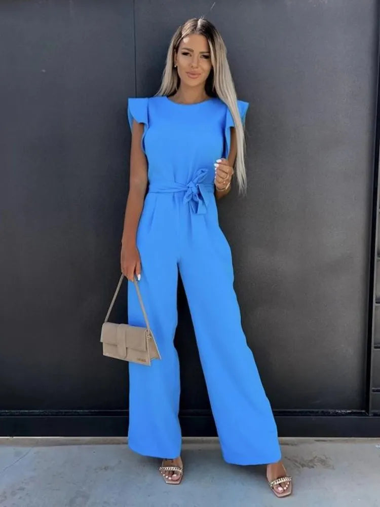 Women's Jumpsuit with Ruffle Sleeves and Waist Belt - 7
